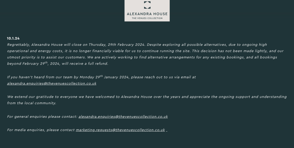 The message on the Alexandra House website announcing the closure