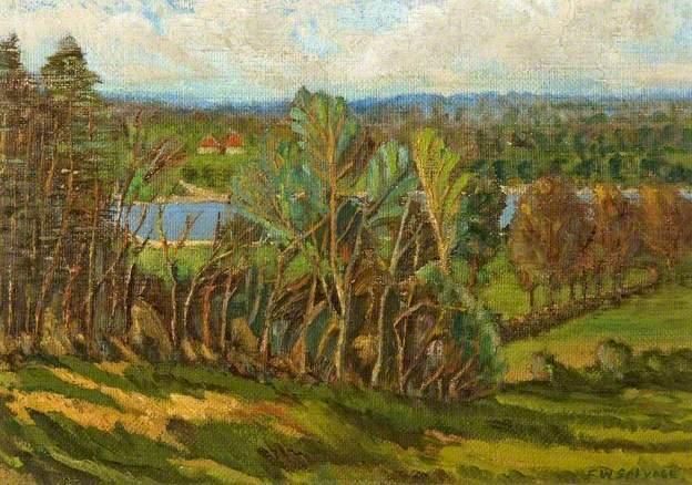 Frank William Salvage ‘A View of Coate Water, Swindon, Wiltshire’, 1974, Oil on Canvas, Swindon Museum and Art Gallery, copyright of the Estate of Frank William Salvage
