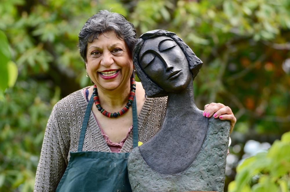 Kay Singla with one of her sculptures - credit Surjit Singla 