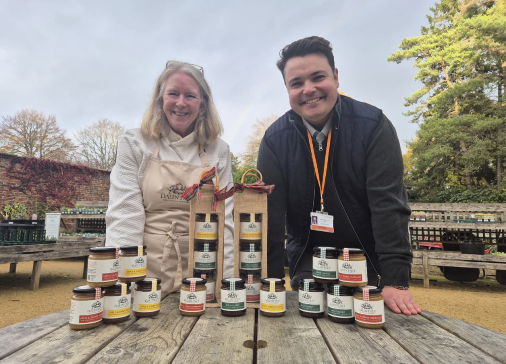 Claire Mellow-Hill, founder of Dauntsey Preserves, and Cllr Jake Chandler, Cabinet Member for Strategy, Resilience and Green Infrastructure, with the new products