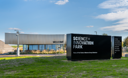 External view of the Welcome Building at the Science and Innovation Park © Science Museum Group; Aerial view of the Hawking Building at the Science and Innovation Park © Science Museum Group.