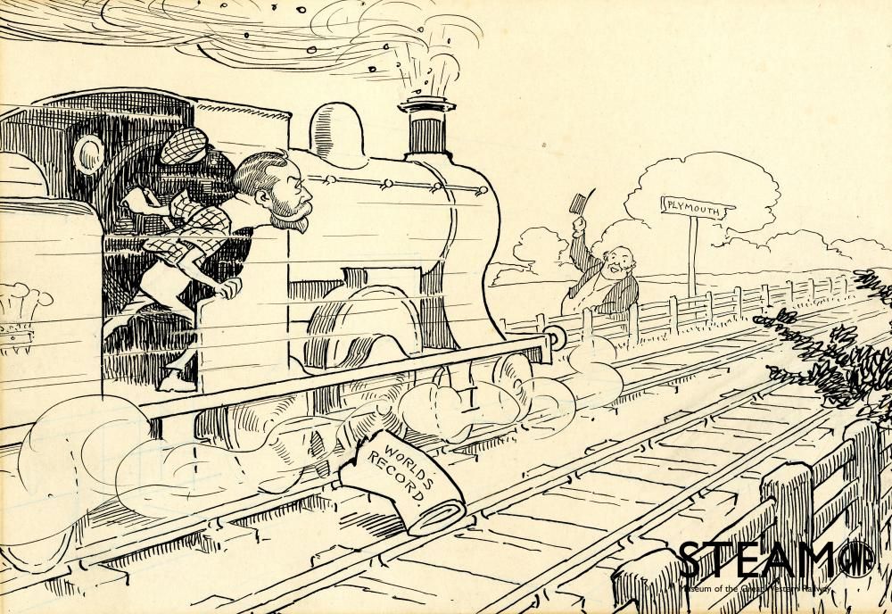 King George V (when Prince of Wales) depicted as driving a World record breaking train. He was a passenger on the train, hauled by the City of Bath, which broke a World record between London and Plymouth in July 1903.