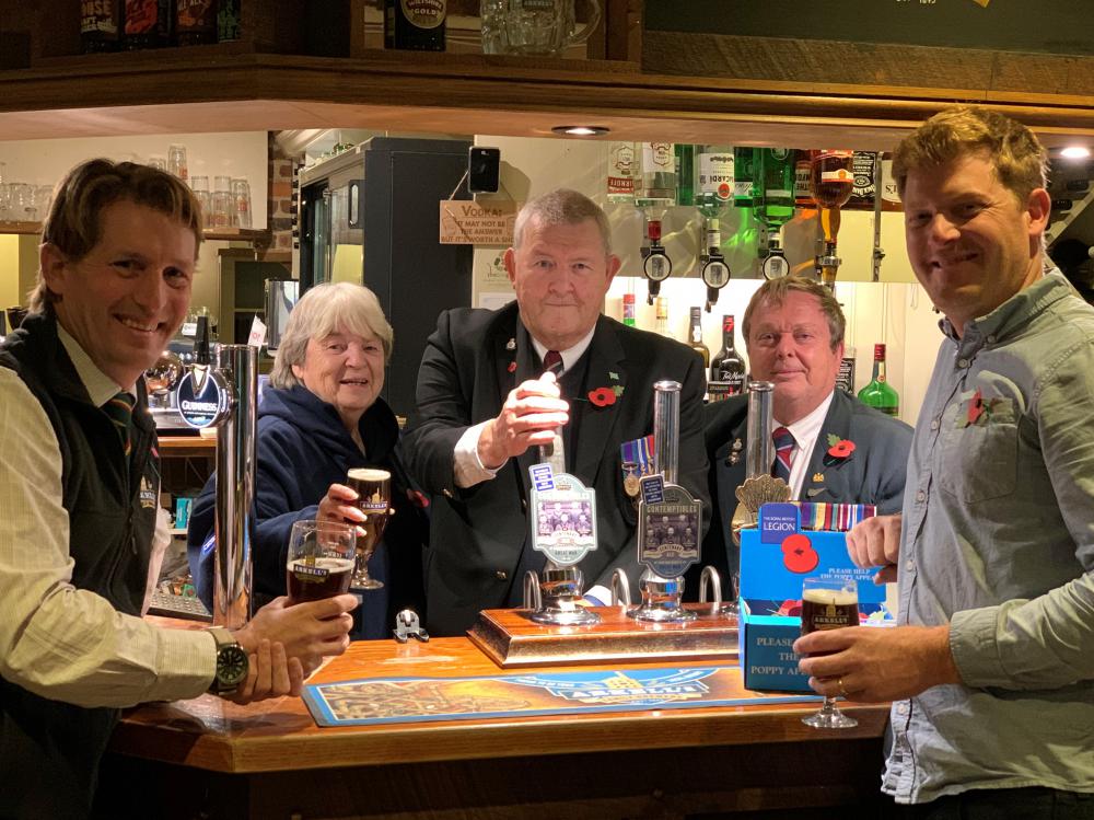 From left: George Arkell, Poppy Appeal Organiser April Porter, Swindon Branch RBL Chair Graham Jackson, Vice Chair and Treasurer Phil Nobbs and Alex Arkell at The Tawny Owl, where the new ale was launched