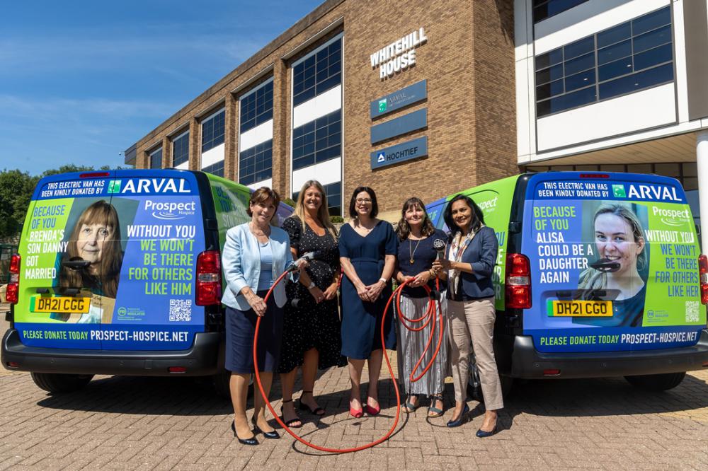Arval have donated electric vans to Prospect Hospice (L-R) Irene Watkins, Victoria Canavan, Aisla Firth, Zoe Maitland and Lakshmi Moorthy