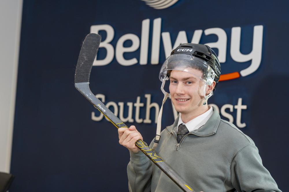 Ciaran Wilson with his Bellway-branded helmet. Photo by Bellway