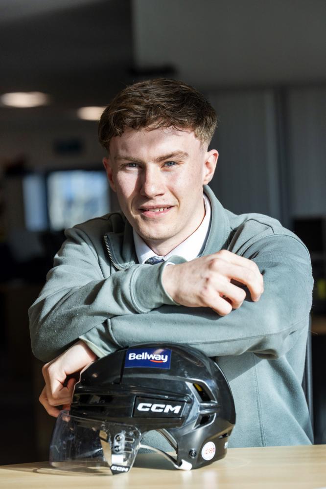 Ciaran Wilson with his Bellway-branded helmet. Photo by Bellway