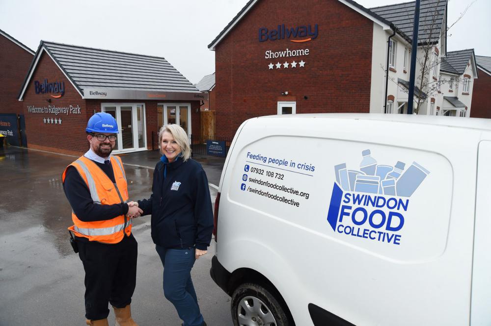 Bellway Site Manager James Dunsire with Cher Smith MBE, Manager of Swindon Food Collective
