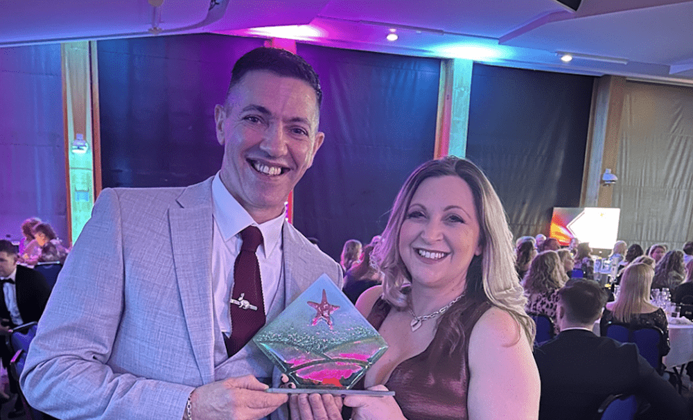 Carly Hinder, Spa Manager, and Gareth Griffin, Senior Spa Assistant, celebrating after winning Gold at the South West Tourism Excellence Awards