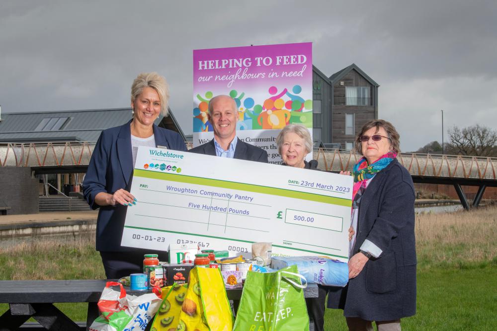 (L-R) Julianna Sullivan, Sales Adviser, Daniel Pavely, Project Director – Wichelstowe, Brenda Maddox, volunteer, and Rosemarie Watson, founder of the Wroughton Community Pantry