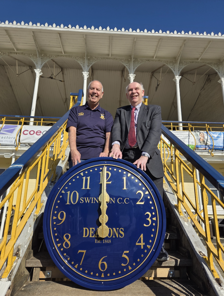 Randy Roze, left, President of Swindon Cricket Club and Richard Deacon, Managing Director of Deacons are pictured with the club’s new pavilion clock supplied by Deacon & Son (Swindon) Ltd
