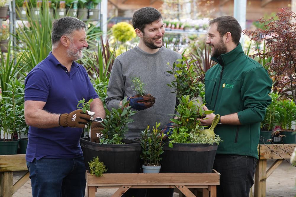 Stepfather and son duo, Steph and Chris, with Dobbies’ Green Team at the Father’s Day Sunday Lunch and Planting Experience (© Stewart Attwood)