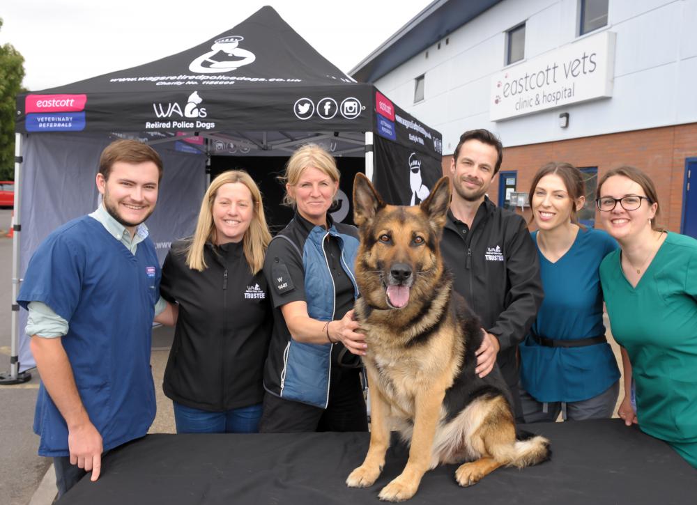 From left: Eastcott’s Robert Weeks, Claire Todd, trustee and treasurer at WAGS, Cindy Hargreves with retired police dog Tyke, Adam Weal from WAGS, Nicola Scott and Louise Fowden from Eastcott Veterinary Referrals 