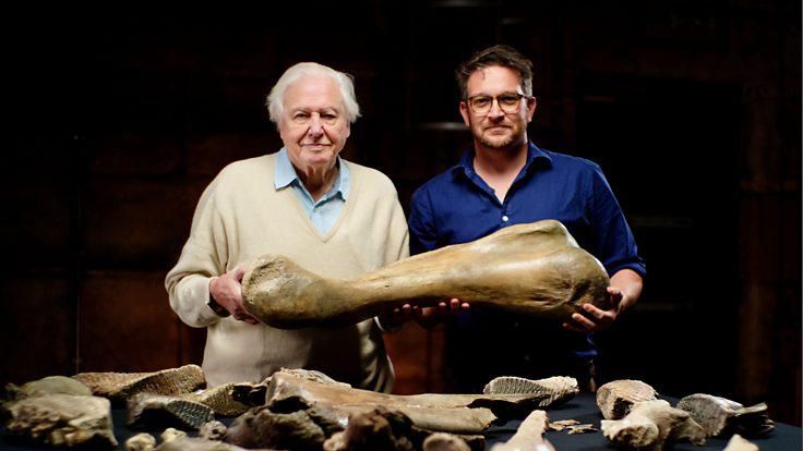 Sir David Attenborough and Professor Ben Garrod with some of the remains found at the site