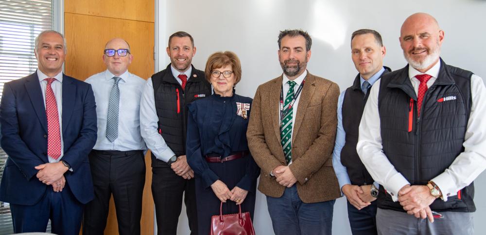 From left: Steve Huntley, Divisional Managing Director - Hills Quarry Products; Alex Henderson, Company Secretary; Mark Tinson, Divisional Managing Director - Hills Homes; Lord Lieutenant of Wiltshire Dame Sarah Troughton; Neil Pollard, Divisional Managing Director\ - Hills Waste Solutions; Ed Dodd, Chief Executive and Mike Hill, Chairman