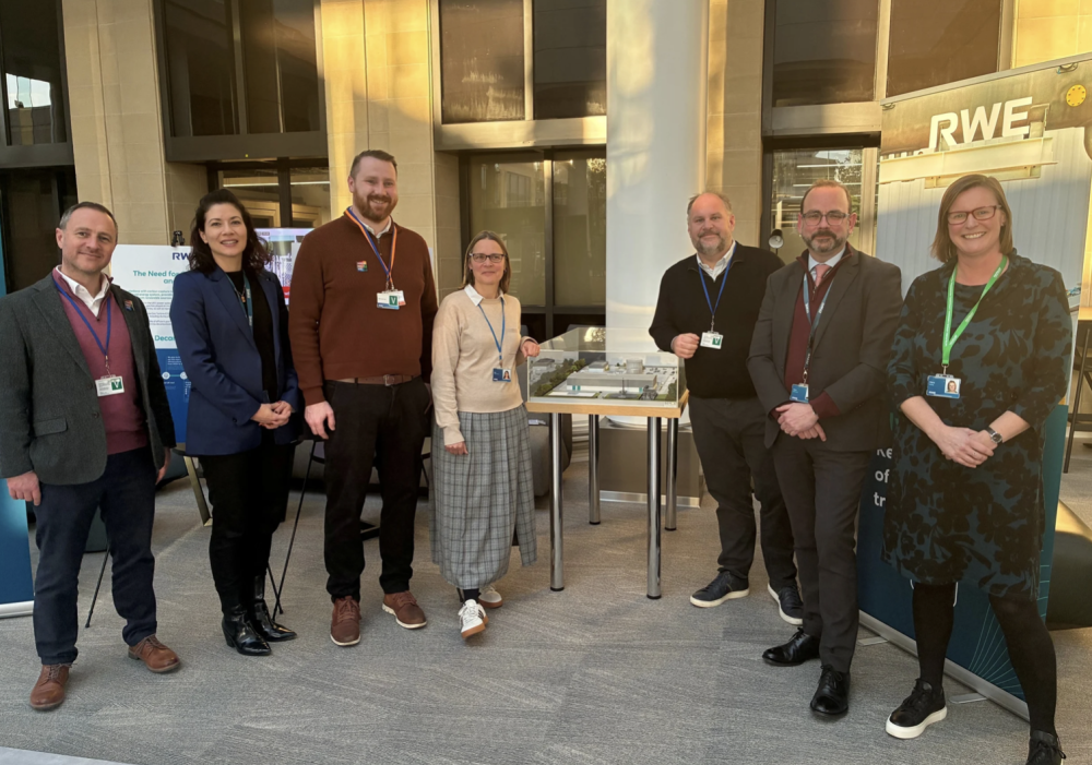 From left: Matt Peachey (SBC’s Director of Inclusive Growth), Alice Barrs (RWE’s Head of Corporate Affairs UK), Andrew Wells (SBC’s Head of Inward Investment and Inclusive Economy), Zoe Harrison (RWE’s Hydrogen Project Development Manager), Cllr Jim Robbins (Leader of Swindon Borough Council), Tom Glover (RWE’s UK Country Chair) and Fiona Auty (RWE’s Head of Energy Transition)