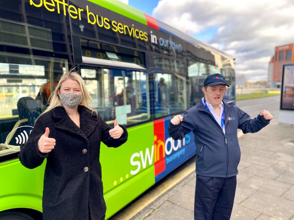 Lucy Humphrey from Swindon's Bus Company with Sam Pierce, who is raising awareness of the valuable roles of key workers