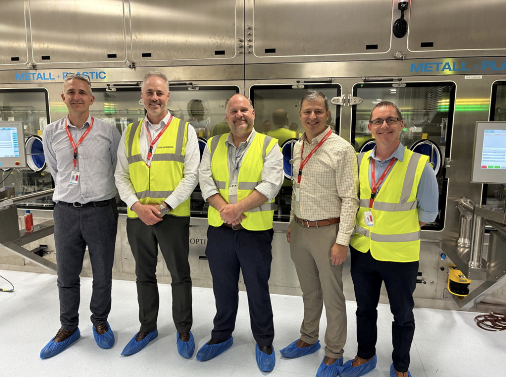 From left: Vince Curtin, Colin Drummond, Cllr Jim Robbins, Jose Colon and Steve Taylor in front of the newest production line with state-of-the-art Isolator Technology
