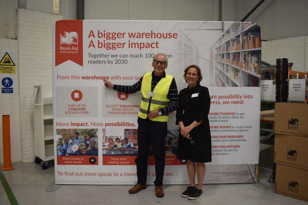 Former trustee Charly Nobbs and Book Aid International Chief Executive Alison Tweed at the warehouse opening