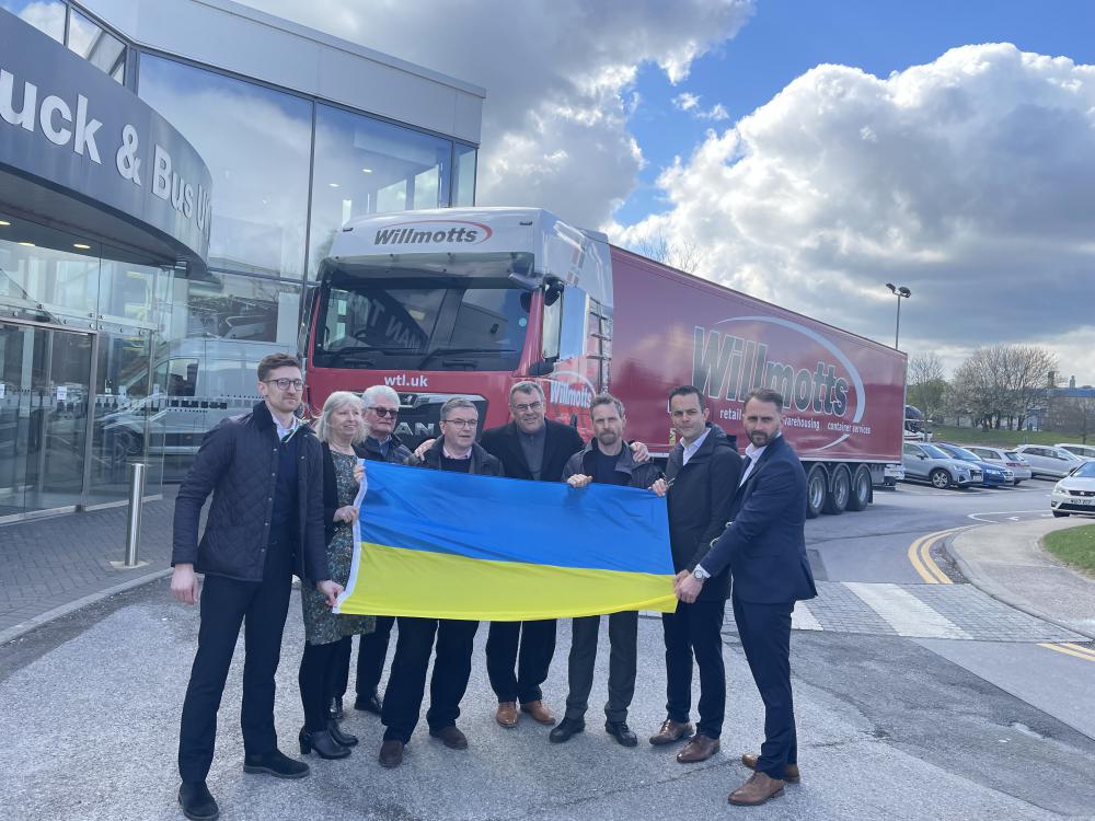 Representatives from MAN Truck & Bus UK Ltd, Wilmotts Transport and Phoenix Enterprises join Taras Pavlik and South Swindon MP Robert Buckland to see off the aid lorry
