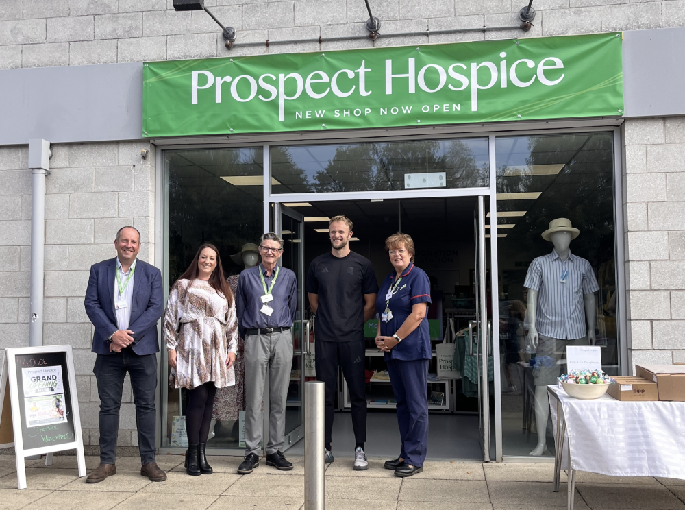 Opening day at Prospect Hospice's latest shop in Watchfield - from left: Stuart Necrews, Sarah Sneddon, Jeremy Lune, Lewis Ward and Debbie Robson
