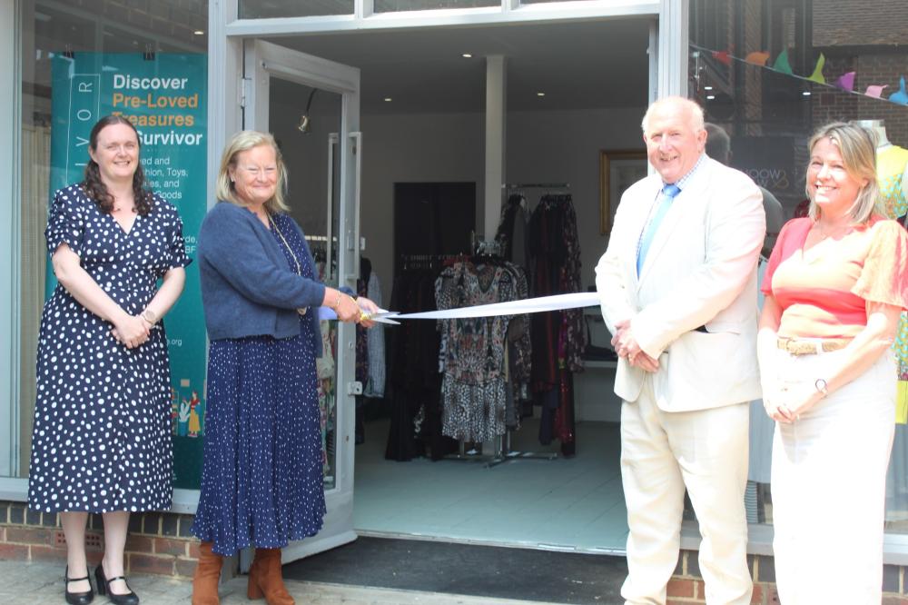 L-r Kate Rowland, Mayor of Marlborough Cllr Emily Trow, Angus Macpherson & Camilla Glass at the opening of the SWA Survivor shop in Marlborough