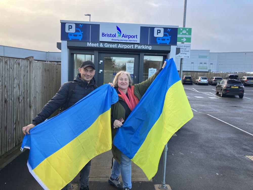 Nataliya and Ivan arriving back at Bristol Airport after delivering a van and aid to Ukraine 
