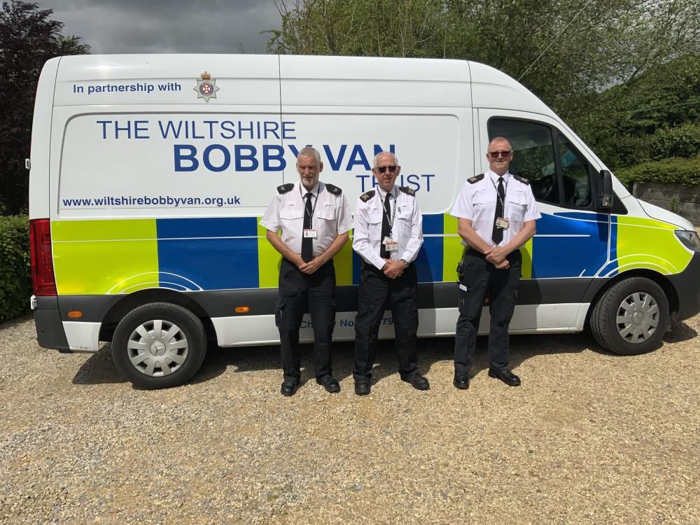 Home Security Operator Mick Leighfield, centre, with colleagues Will Todd, left, and Doug Batchelor and the Wiltshire Bobby Van