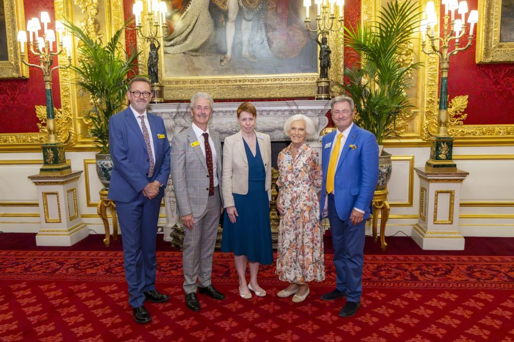 National Garden Scheme CEO Dr Richard Claxton, Chairman Rupert Tyler, Carers Trust CEO Kirsty McHugh, Dame Mary Berry, and Alan Titchmarsh CBE gathered at St James’s Palace to celebrate 30 years of partnership @ianjonesphotos