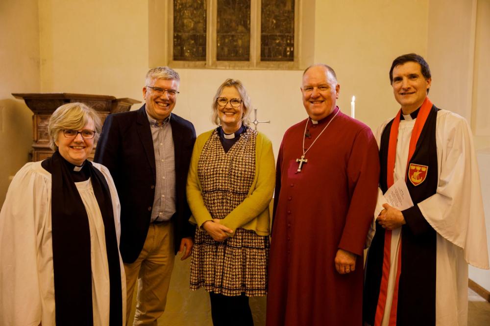 From left: Area Dean Revd Sally Robertson, Fran’s husband Revd Adrian Youings, Vicar Fran Youings, Bishop Neil Warwick and Archdeacon Christopher Bryan (picture: Chris Dobson)