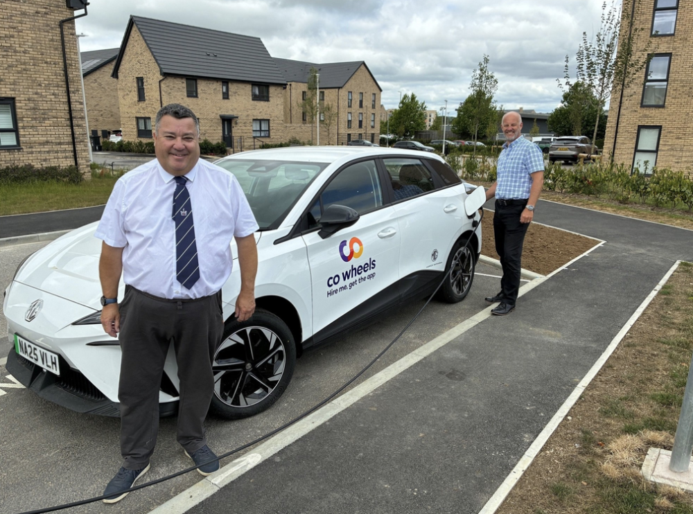 Cllr Kevin Small (left) with Dan Pavely next to the new Co Wheels electric car in Wichelstowe