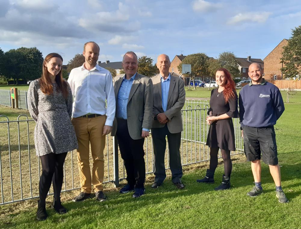 (L-R) Councillors Zoe West, Oliver Saunders, Robert Jandy, Tim Page, Amy Loxton and Head Groundsman Lee Plank