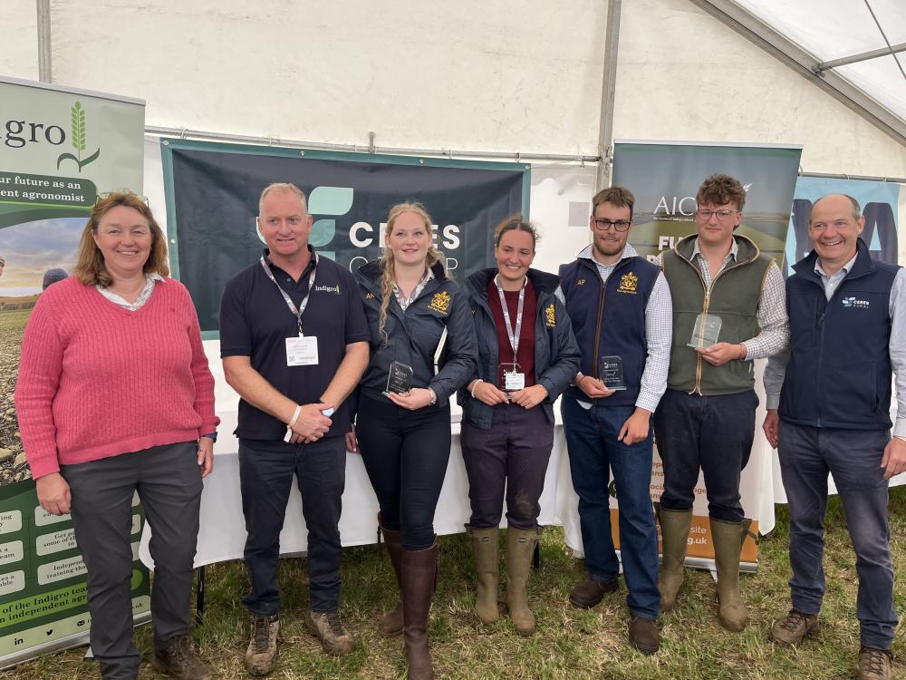 L-R: Professor Nicola Cannon, RAU Professor of Agriculture; Roger Davis from Indigro representing AICC (Association of independent crop consultants), RAU student Alivia Ross; RAU student Sophie Turner; RAU student Archie Pegg; RAU student Charles Turner; and Charlie Ireland from Ceres Rural