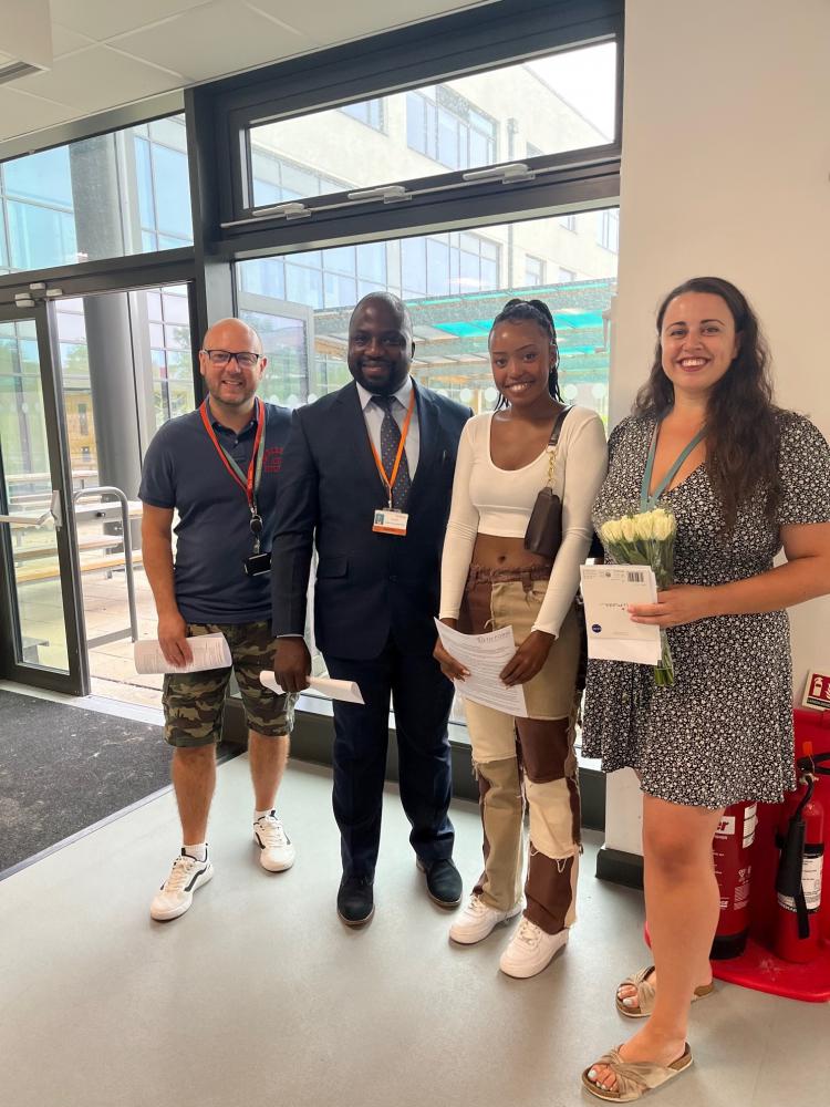 (L-R) Dave Smith (Head of Sixth Form), Cllr Oladapo Ibitoye (Cabinet Member for Education and Skills), Zinzi Mlotshwa and Geography teacher Emily Bracey