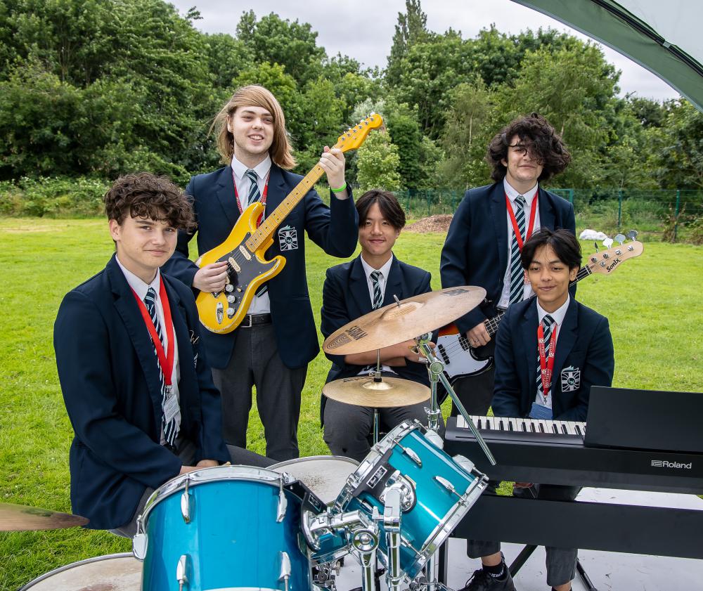 Lawn Manor Academy students (L-R) Adam (Drums), Izaak (Guitar), Prajwell (vocals), Lewis (Bass Guitar) and Robin (Keyboard)