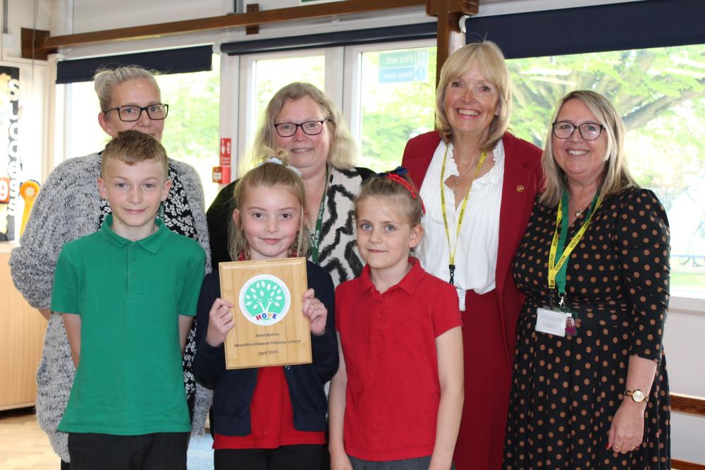 Back row from left: Kirsty Handy & Helen Wollington, Mountford Manor, Nicky Alberry & Emma Maclennan, SWA. Front row from left: Mountford Manor pupils Aiden, Taiya, Maisie.   