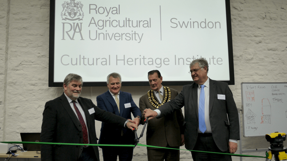 (L-R) Dr Geraint Coles, Director of the Cultural Heritage Institute; Professor Peter McCaffery, Vice-Chancellor of the RAU, Cllr Garry Perkins, Mayor of Swindon, and Cllr David Renard, Leader of Swindon Borough Council