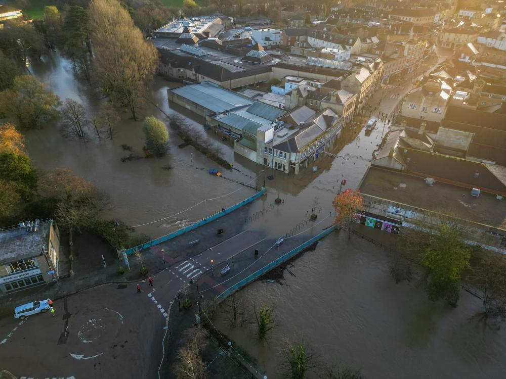 Aerial view of Chippenham during flooding in November 2024