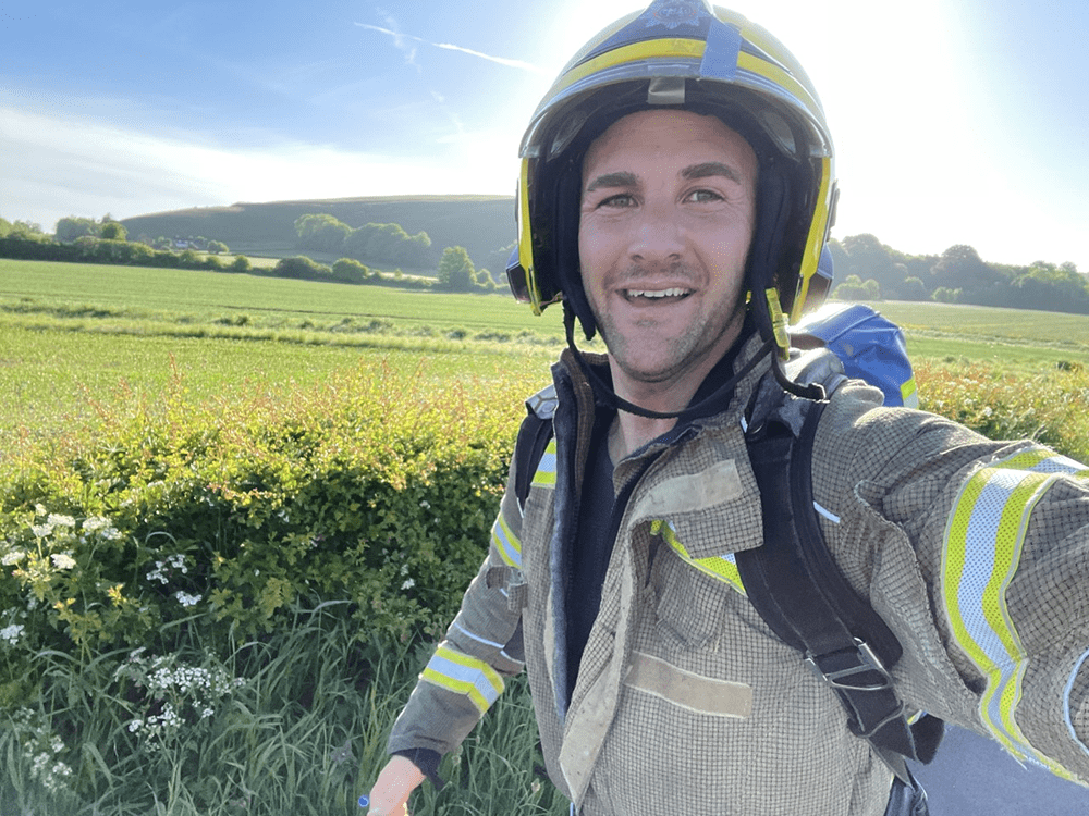 Swindon-based firefighter Dan Fry in his unorthodox athletics kit