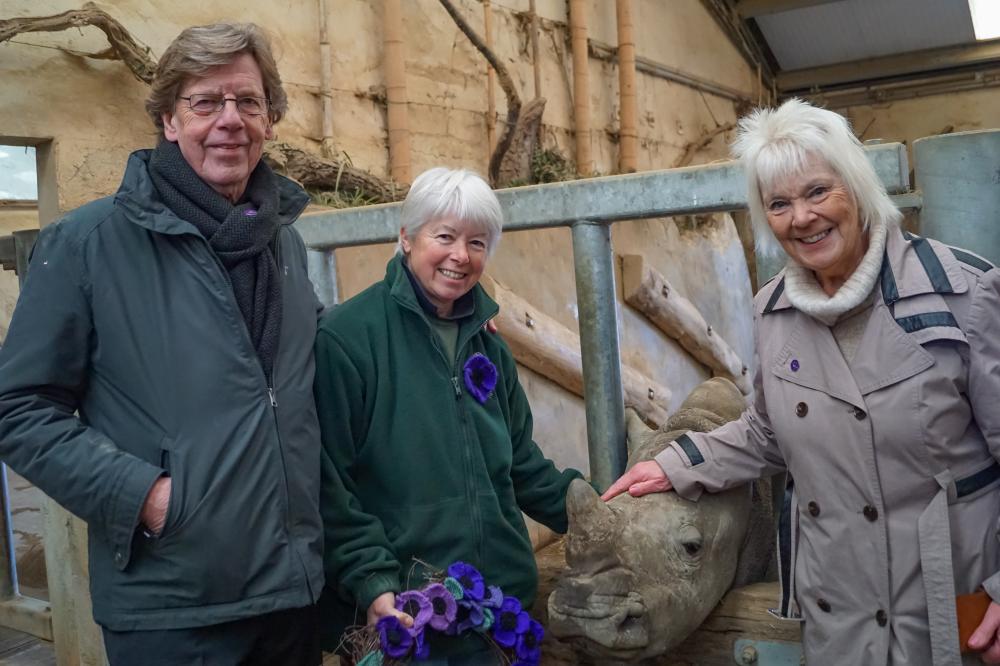 Alan Carr MBE, Susan Osborne and Mandy Hicks with six-month-old white rhino Henry