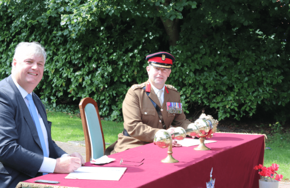Leader of the Council, Cllr David Renard, and Commander of the South West, Colonel Neville Holmes MBE, at the Civic Rose Garden in Swindon