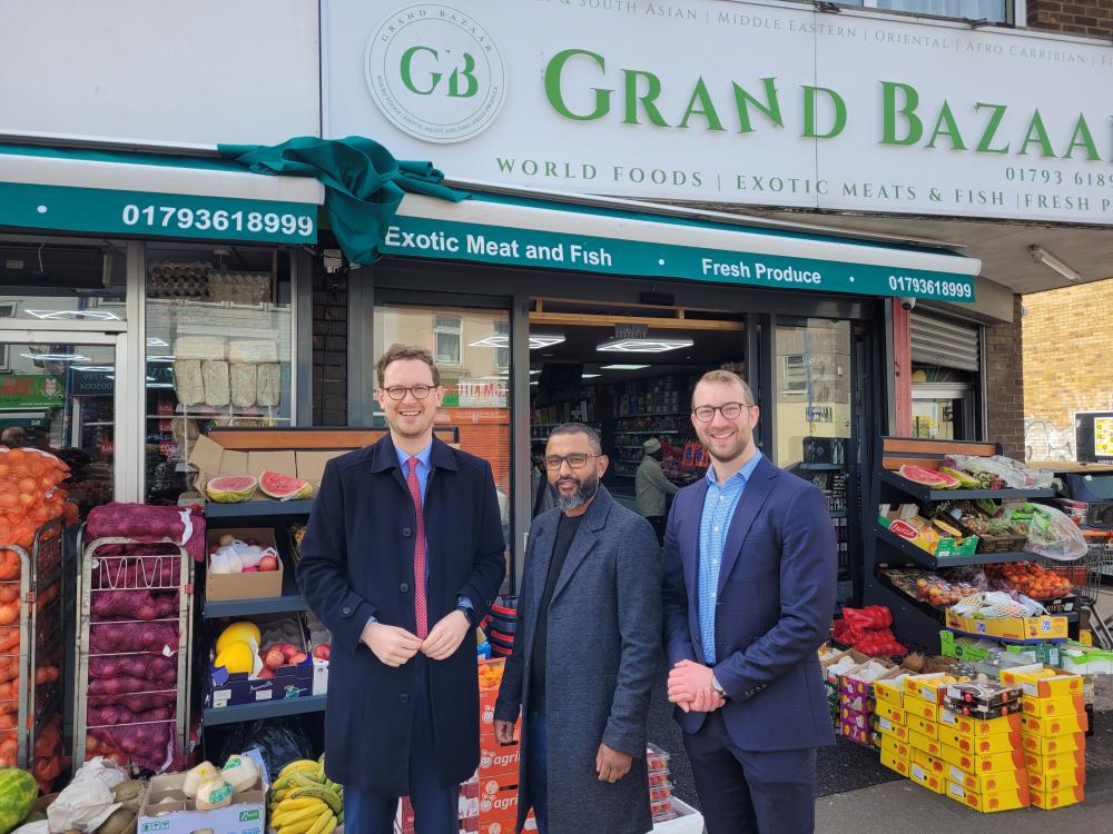 From left: Shadow Chief Secretary to the Treasury Darren Jones MP, Mr Golam Choudhury, owner of Grand Bazaar in Cricklade Road, and Cllr Will Stone, Labour's North Swindon Parliamentary Candidate 