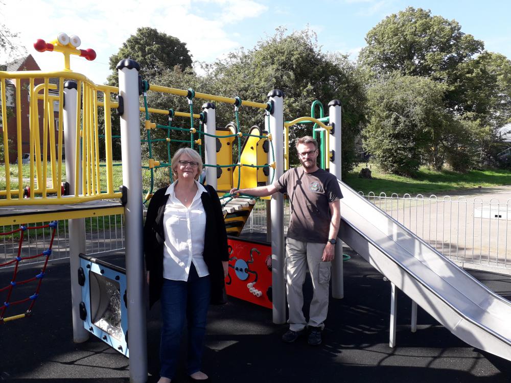 South Swindon Parish Council vice chair Janine Howarth and chair Chris Watts at the newly-refurbished play area