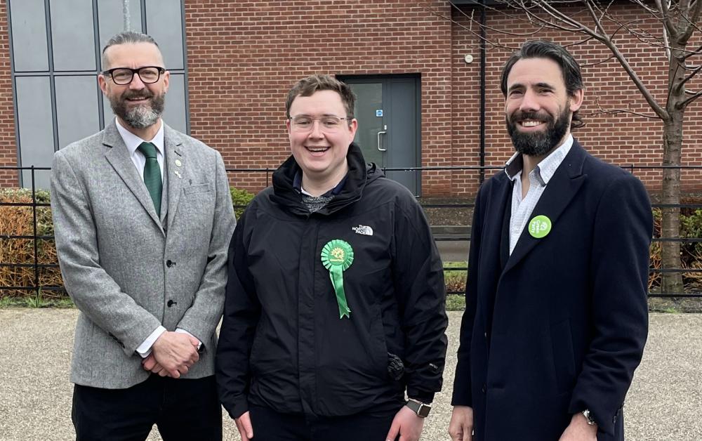 Bradley Williams (centre) at the launch with Green prospective parliamentary candidates Andy Bentley (North Swindon, left) and Rod Hebden (South Swindon, right)