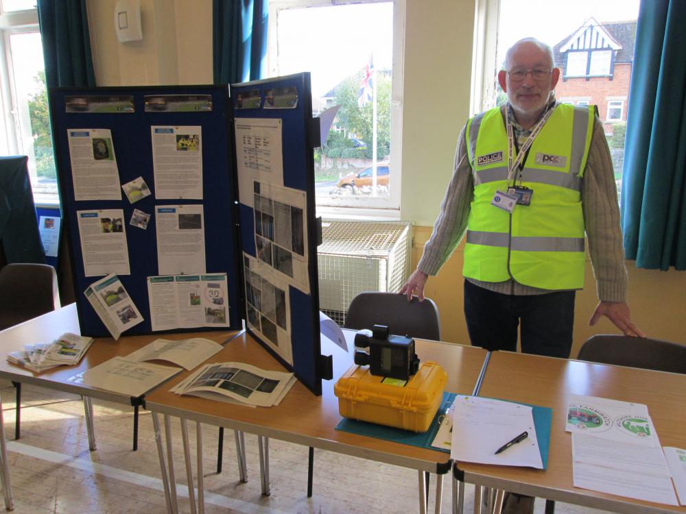 Cllr Andrew Corbett at Purton Parish Council’s Community Safety Roadshow promoting understanding of the Community Speedwatch initiative