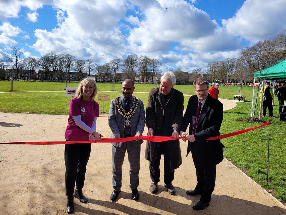 The ribbon-cutting with, from left, National Trust Director General Hilary McGrady, Mayor of Swindon Cllr Abdul Amin, Historic England Chief Executive Duncan Wilson and South Swindon Parish Council Chair Cllr Chris Watts  