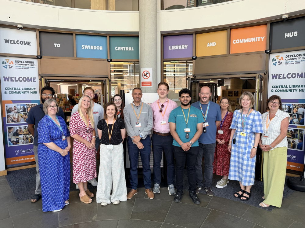 Cllr Matt Hinton, Swindon Borough Council's Cabinet Member for Community Engagement, Safety and Customer Services, Cllr Vinay Manro, Cabinet Member for Adults and Health, Cllr Kate Tomlinson, Cabinet Member for Children and Education and Kirston Nelson, Corporate Director for Prevention and Communities and other staff pictured at Swindon Central Library and Community Hub