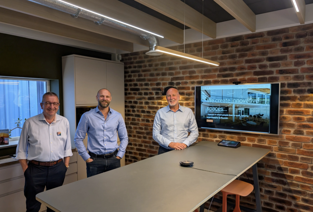 Swindon Borough Council Leader Cllr Gary Sumner with Alex Kerr, Chief Executive Officer at Kerr Office Group, and Jonathan Kerr, Founder of Kerr Office Group