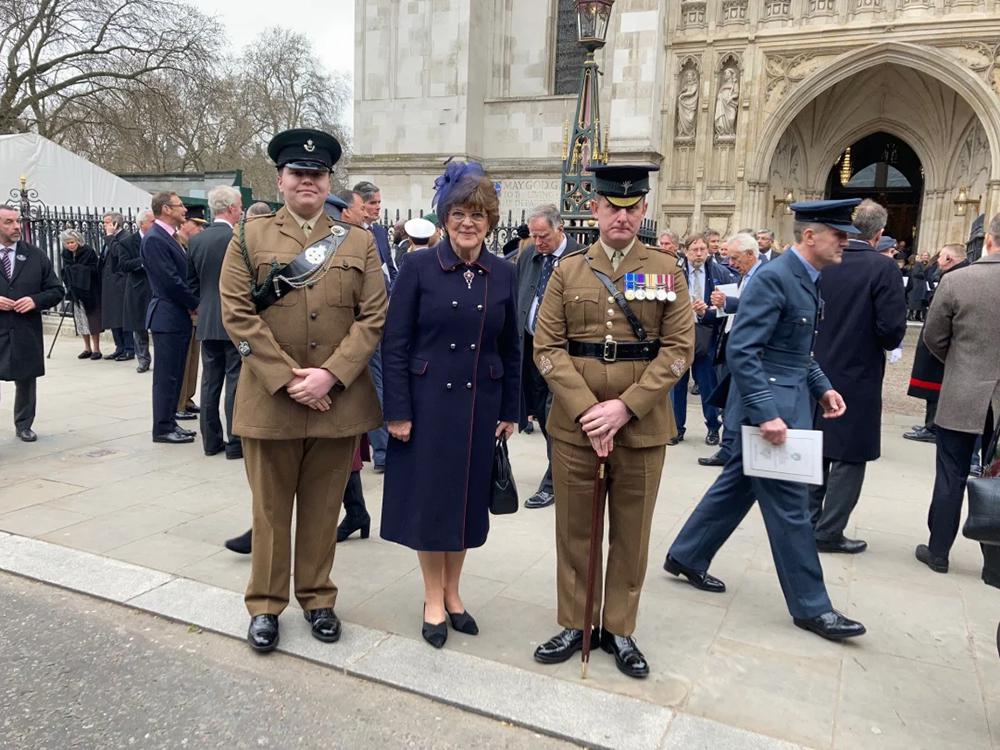 Staff Cadet Sergeant Major Thomas Hearn (left) with the Lord-Lieutenant of Wiltshire, Sarah Troughton, and the ACF Cadets' Sergeant Major for the day at the thanksgiving service