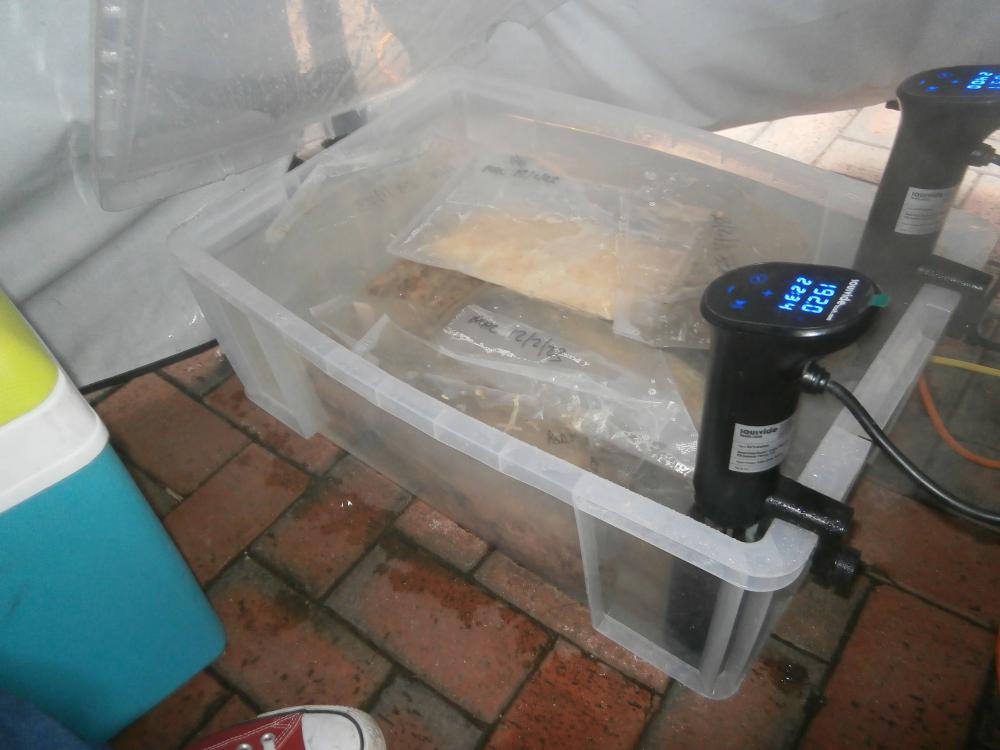 The homemade water bath, fashioned from a 51 litre plastic storage container with a poor fitting lid