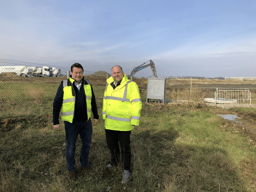 James Watson and Cllr Jim Robbins outside Panattoni's site office